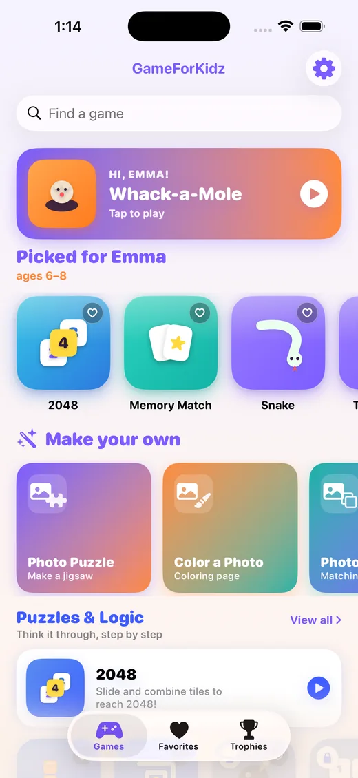 The GameForKidz app home screen, showing games picked for a child aged six to eight