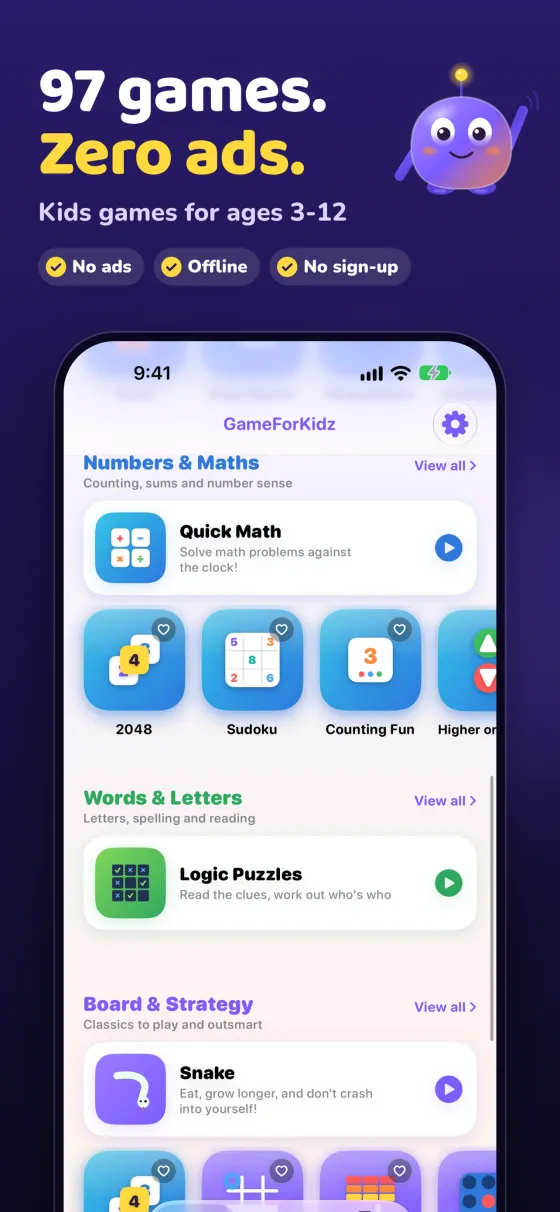 App Store slide: 97 games, zero ads, kids games for ages 3 to 12