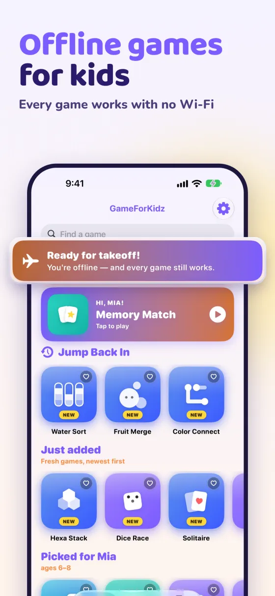 App Store slide: offline games for kids, every game works with no Wi-Fi