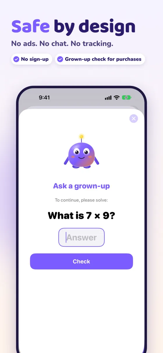 App Store slide: safe by design, with a grown-up check before purchases