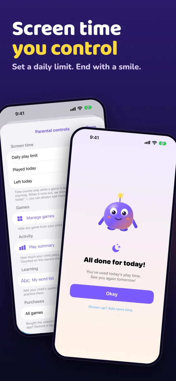 App Store slide: screen time you control with a daily play limit