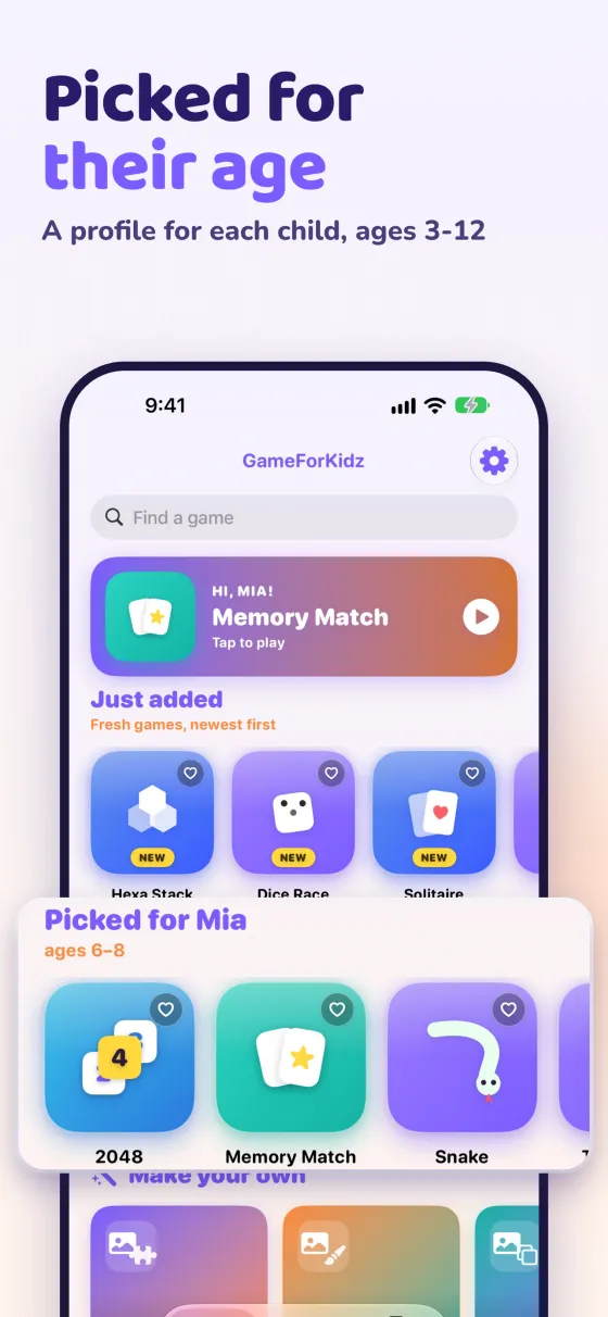 App Store slide: games picked for each child by age