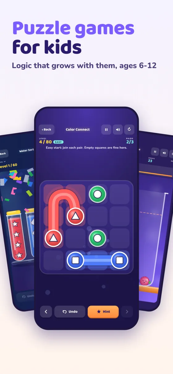App Store slide: puzzle games with Color Connect and Water Sort for ages 6 to 12